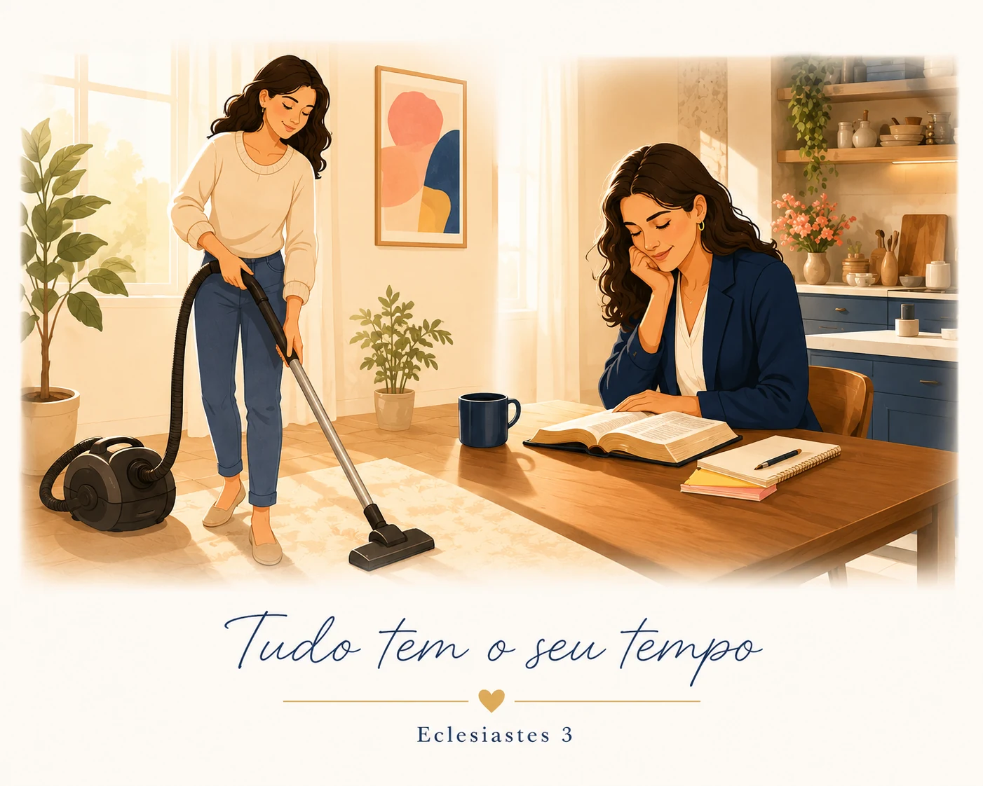 Mulher conciliando o cuidado com o lar e o tempo com Deus, com referência a Eclesiastes 3
